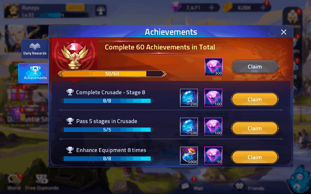 Achievement diamonds rewards Mobile Legends Adventure