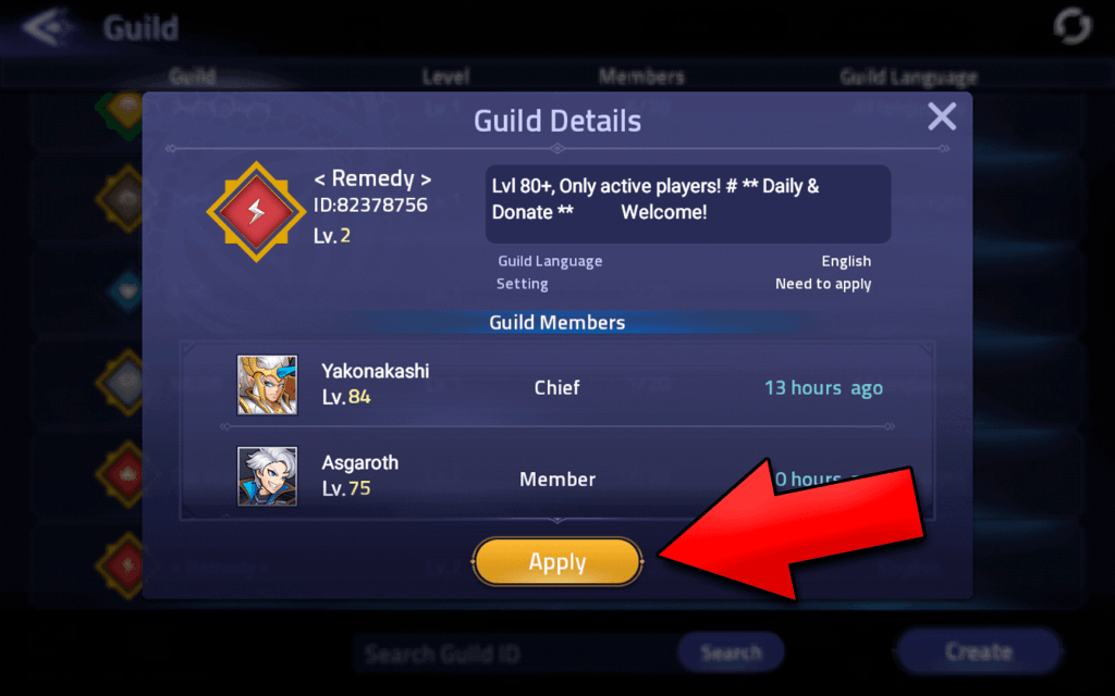 Apply to guild Mobile Legends Adventure