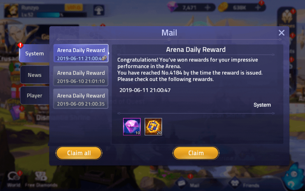 Arena diamonds reward ML Adventure