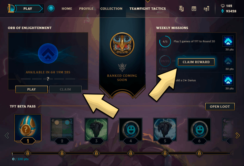 Claim rewards in Teamfight Tactics