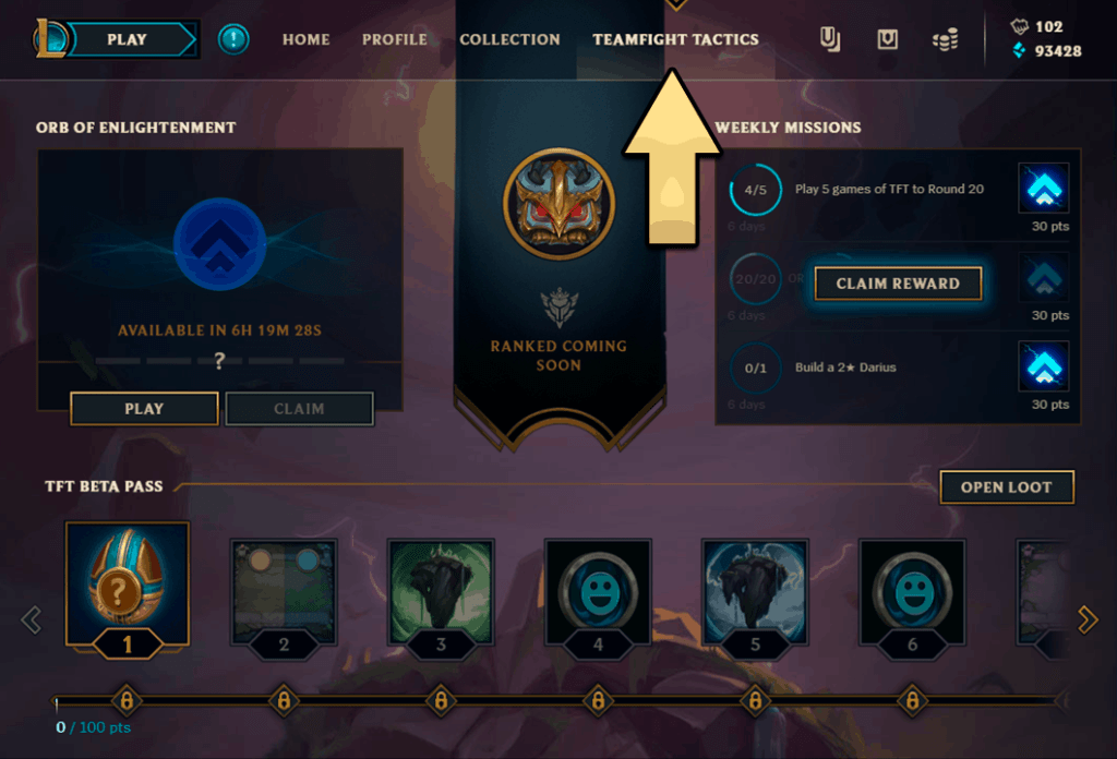 Teamfight Tactics tab in League of Legends client