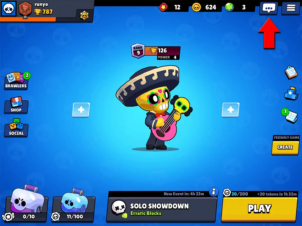 Brawl Stars main lobby screen chat button